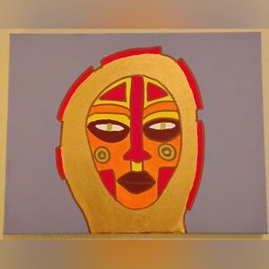 Vibrant Abstract African Mask Style Painting Canvas Gold Accent